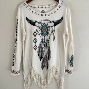 DOUBLE D RANCH Cow Skull Fringed, Beaded & Embroidered Tunic; Size Small: NWOT!